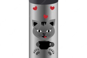 Tumbler cup with open pushin lid mug with cute cat print vector realistic illustration