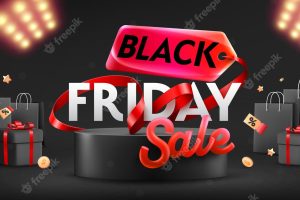 Vector of black friday poster or banner with black gift box coupon shopping bag and product podium