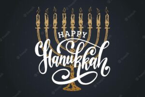 Vector happy hanukkah hand lettering. festive poster, greeting card template with menorah illustration.