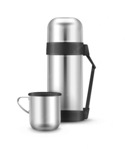 Vector metal closed travel thermos flask with mug front view isolated on white background