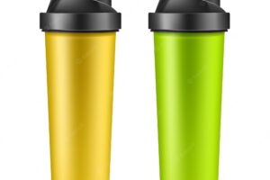 Vector realistic 3d green and yellow empty drink shaker for sports nutrition, whey protein or gainer. plastic sport bottle, mixer or beverage container isolated on white background. accessory for gym.