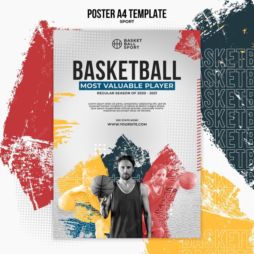 Vertical poster template for basketball with male player