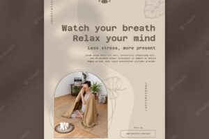 Vertical poster template for yoga meditation with leaves design