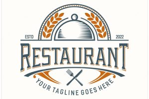 Vintage restaurant logo with cloche crossed spoons and forks design vector in white background