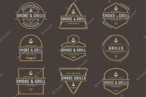 Vintage retro badge emblem grill barbeque bbq fire flame logo design linear style