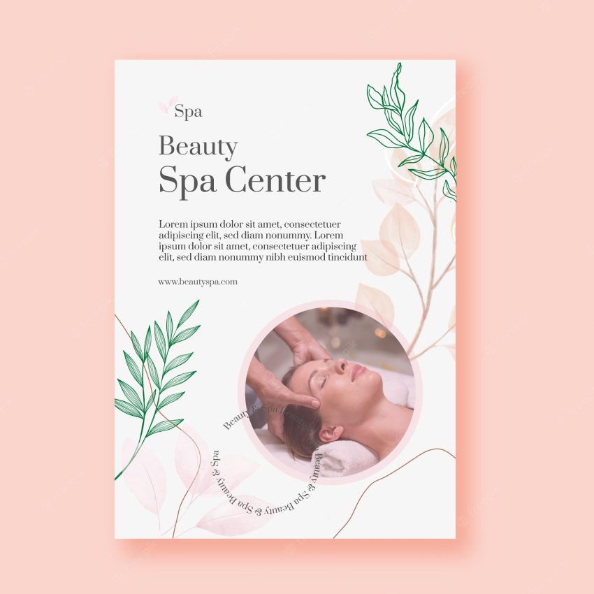 Watercolor spa poster template with leaves