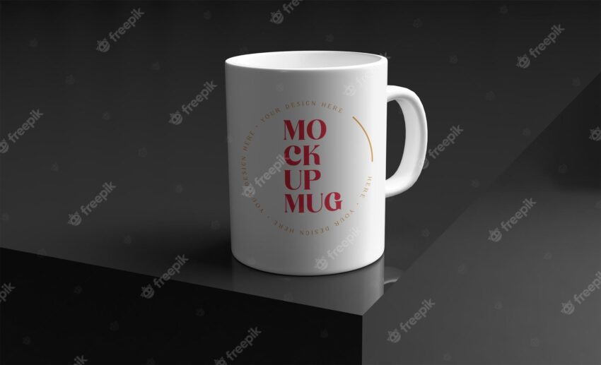 White mug over elegant black surface mockup