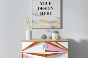 White wall frame mockup above colorful sideboard