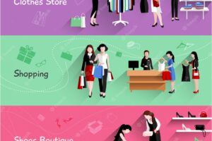 Woman shopping horizontal banner set with clothes and shoes store elements