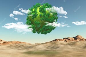 3d render of a grassy globe with trees over a barren landscape