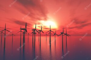 3d wind turbines in the sea against a sunset sky