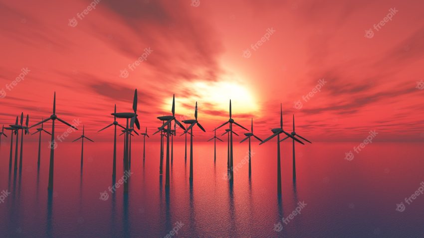 3d wind turbines in the sea against a sunset sky