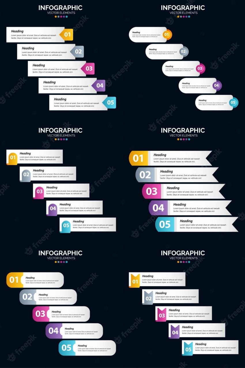 5 steps cycle diagrams and timelines 6 infographics pack presentation vector slide template