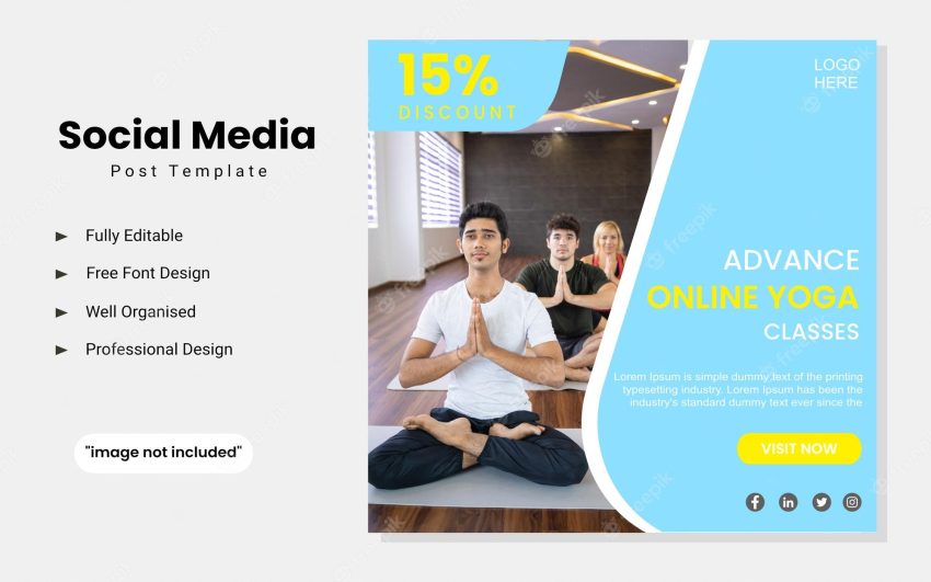 Advance online yoga classes social media post template vector
