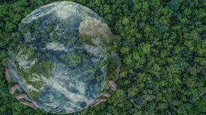 Aerial top view green forest with earth green planet in your hands save earth texture of forest view from above ecosystem and healthy environment