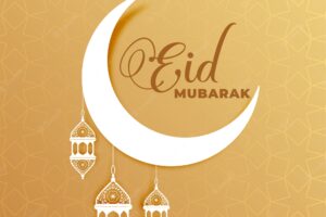 Attractive eid mubarak moon and lamps greeting design