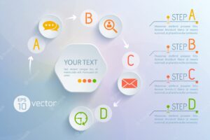 Background with virtual interface flowchart circle composition of round chat and email exchange icons text paragraphs illustration