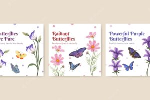 Banner template with purple and blue butterfly in watercolor style