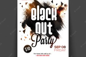 Black out party poster, banner or flyer with abstract brush strokes.