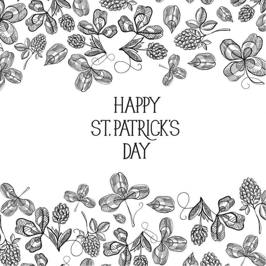 Black and white colored sketch composition greeting card with many symbol objects around text about st.patricks day