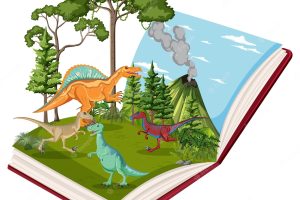 Book with scene of dinosaurs in forest