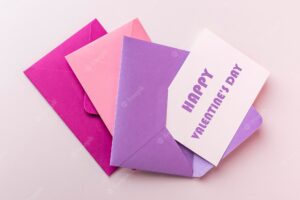 Card with happy valentines day greeting in envelope envelopes on pink background high quality photo