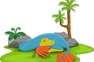 Cartoon cute blue dinosaur sleeping in grass
