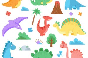 Cartoon dinosaur cute colors dino dinosaurs wildlife animals predator funny characters childish dragons volcano palms decent vector set