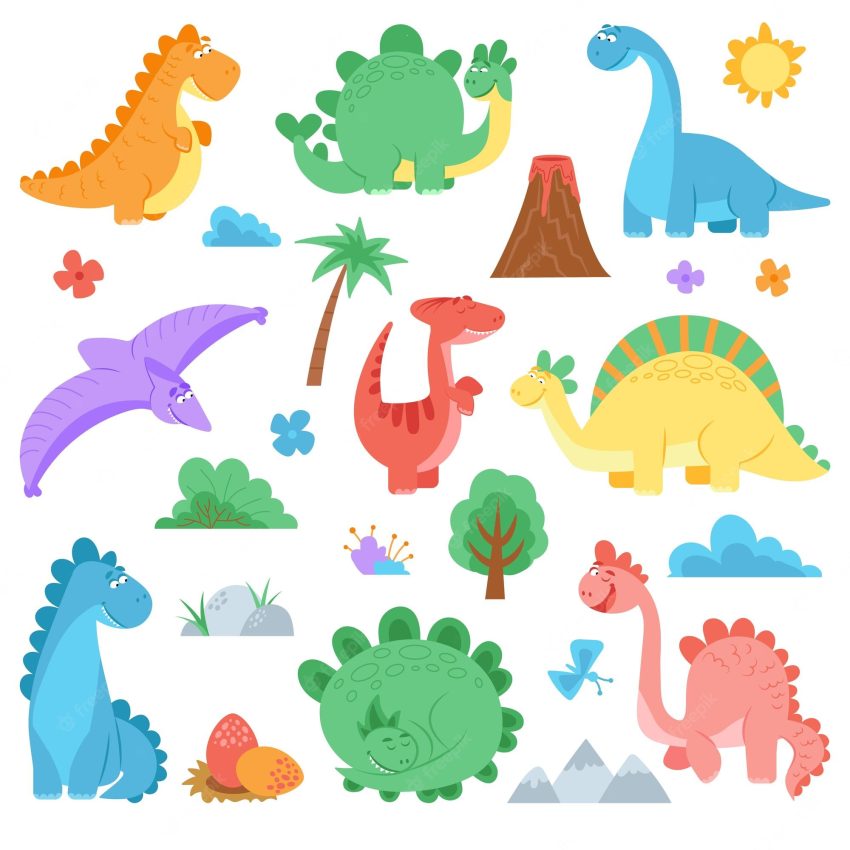 Cartoon dinosaur cute colors dino dinosaurs wildlife animals predator funny characters childish dragons volcano palms decent vector set