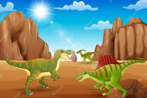 Cartoon happy dinosaurs living in the desert