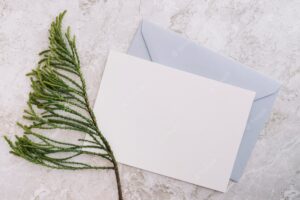 Cedar twig with two white and blue envelope on marble backdrop