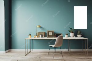 Chair near work desk at home with empty frame with copy space mockup home office desk with dark green wall and white table mock up modern coworking office with empty white poster