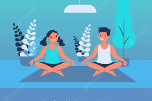 Cheerful teenagers practicing yoga at home