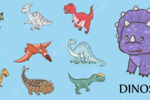 Clipart set of cute colored dinosaurs trex diplodocus triceratops vector illustration in cartoon style