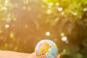 Close-up of child's hand holding globe ball in front of green plant in the sunlight