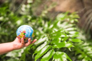 Close-up of child's hand holding globe ball in front of plant