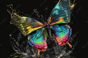 A colorful butterfly is depicted in the form of paint splashes 3d illustration
