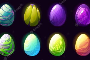 Colorful dragon eggs cartoon game assets magic or mythological creature fantastic dinosaur or reptile fabulous phoenix bird color eggs user interface elements with pimples spots and glow shell set