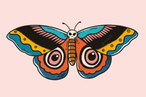 Colorful retro moth tattoo vector design with pastel background