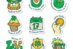 Colorful st patrick's day doodle style handdrawn sticker with lettering cute irish holiday symbols and elements collection