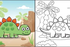 Coloring book or page of stegosaurus cartoon on mountains rock background