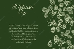 Colourful decorative design sketch greeting card hand drawn with lettering about st. patricks day on the right with hop twigs, clover and berries vector illustration