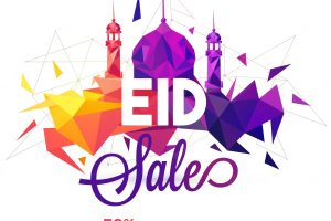 Creative mosque made by colorful abstract polygonal shapes on white background. eid sale poster, banner or flyer design.