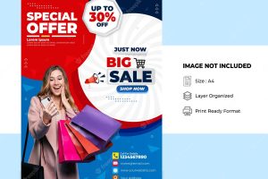 Creative sales print flyer template with blue and red colors