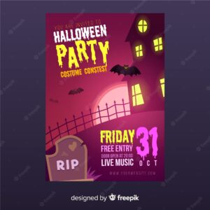 Creepy halloween party poster template with flat design