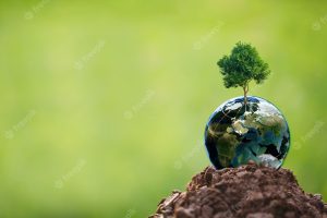 Csr concept with globe, environmental protection concept, tree with globe against green background