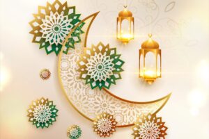 Cultural eid mubarak decorative moon and lantern greeting