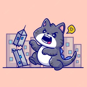Cute angry cat dino destroy building cartoon vector icon illustration. animal holiday icon isolated