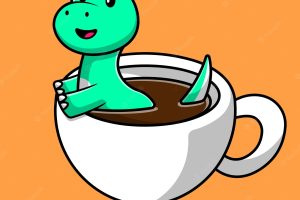 Cute dinosaur on coffee cup cartoon vector icon illustration