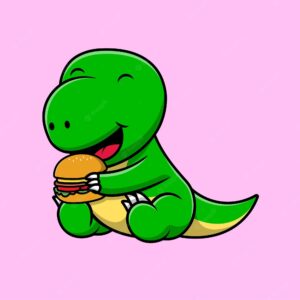 Cute dinosaur eating burger cartoon vector icon illustration